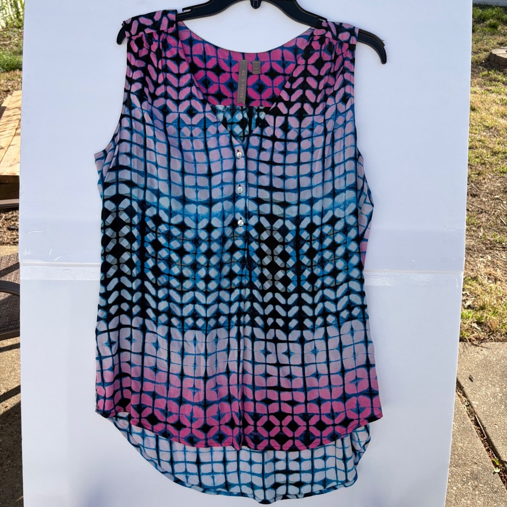 Brina & Em Pink Blue Tie Dye Geometric Sleeveless‎ High Low Blouse Top Large